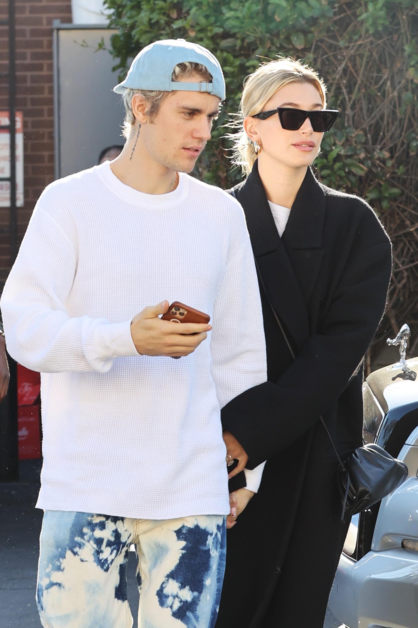 Justin and Hailey Bieber enjoy lunch at Il Pastaio. Justin showcases his new face with no mustache. 16 Feb 2020 Pictured: justin Bieber, Hailey Baldwin. Photo credit: Rachpoot/MEGA TheMegaAgency.com +1 888 505 6342 (Mega Agency TagID: MEGA611322_006.jpg) [Photo via Mega Agency]