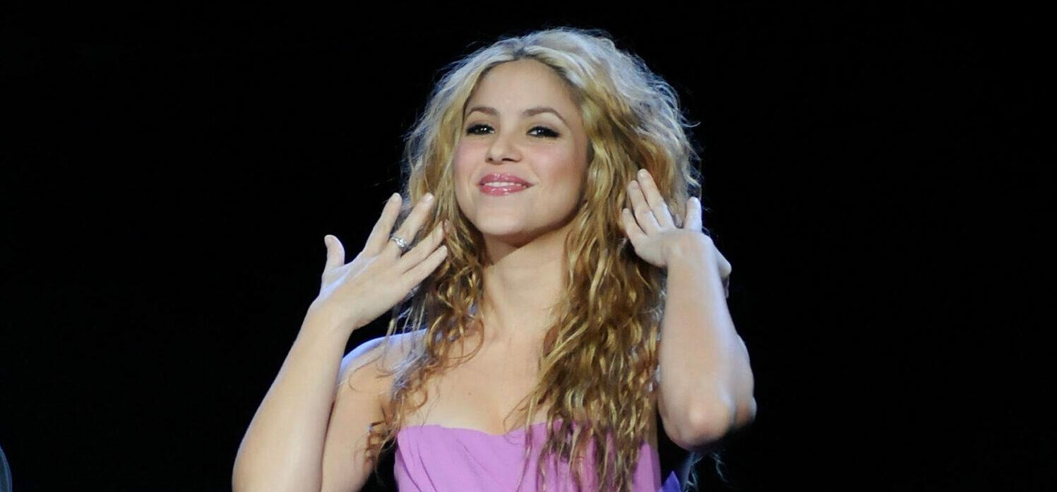 Shakira wearing a purple gown