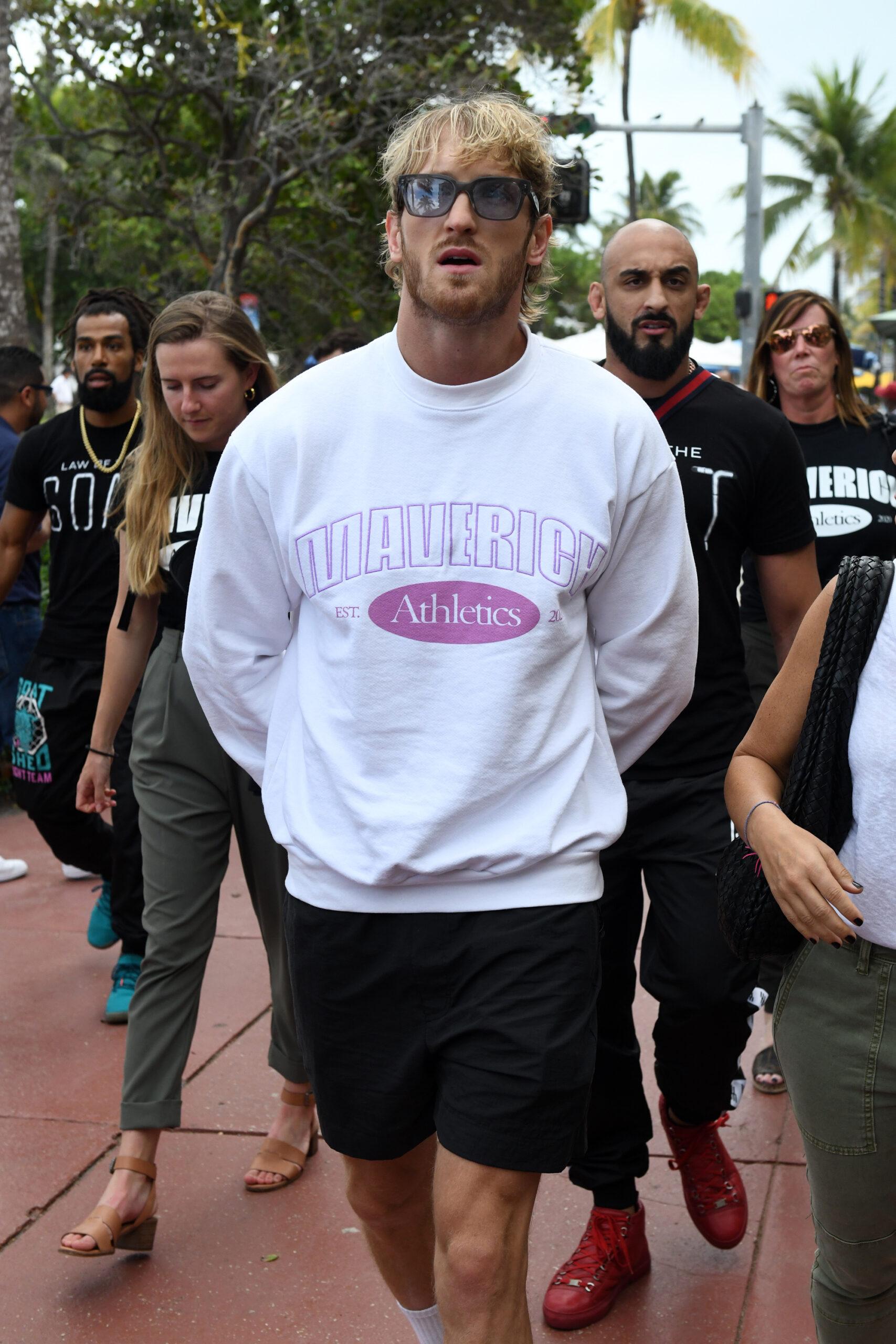 Floyd Mayweather and Logan Paul, and their entourages, arrive to Versace Mansion for a press conference before their big fight in Miami