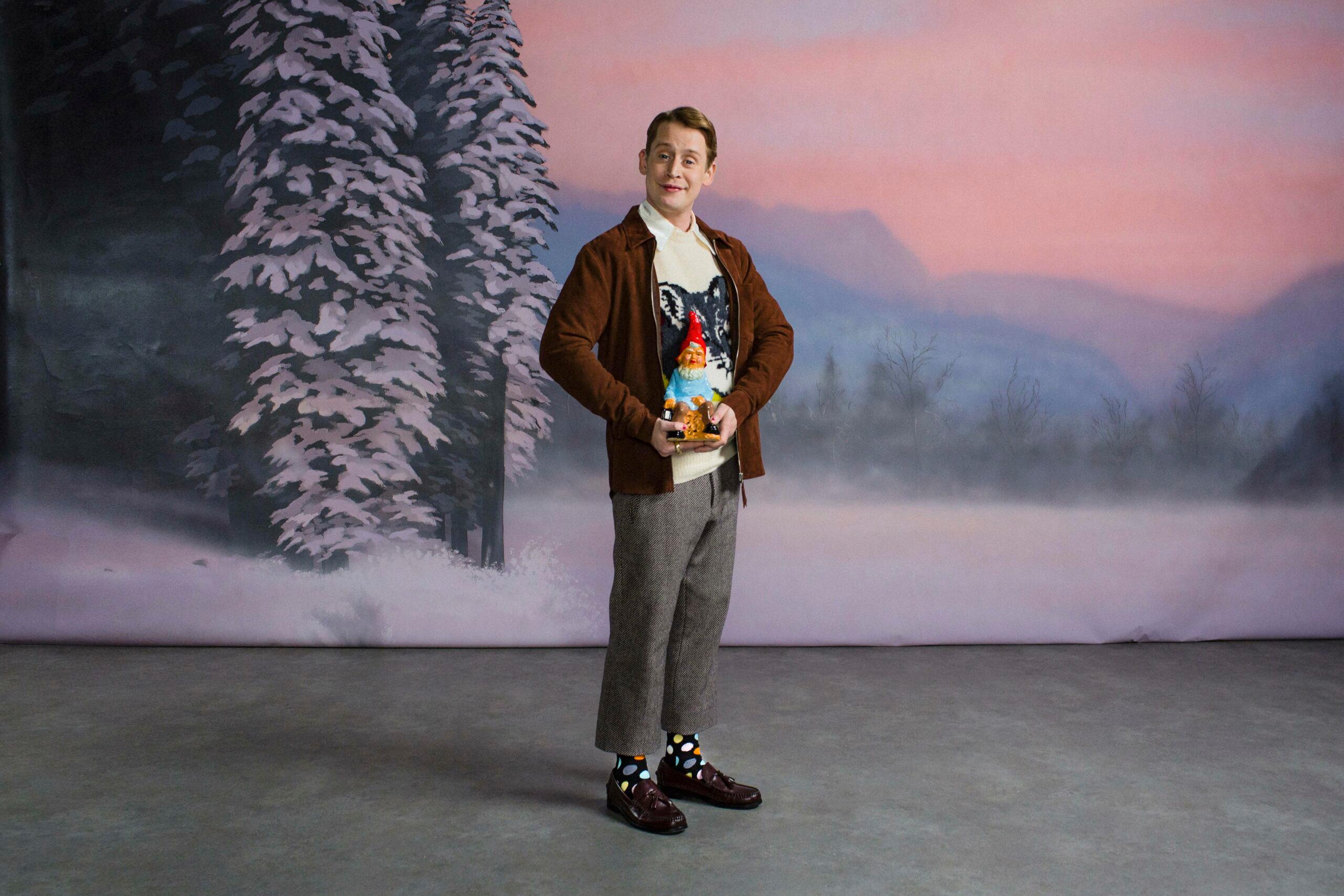 Macaulay Culkin poses with gnome in Happy Socks campaign