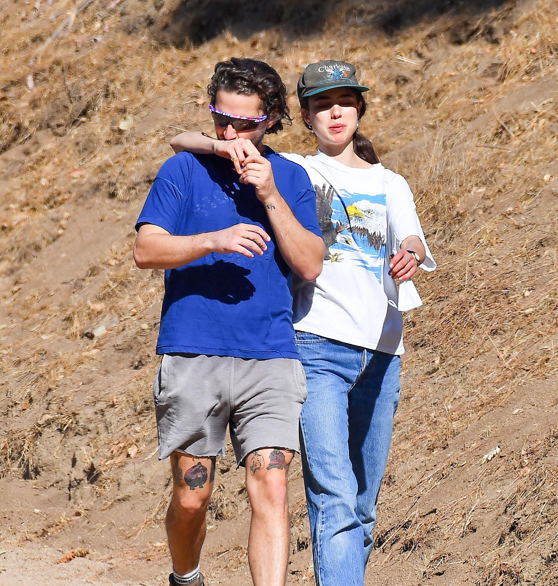 Shia LaBeouf heads out on a shirtless hike with his girlfriend Margaret Qualley in Los Angeles