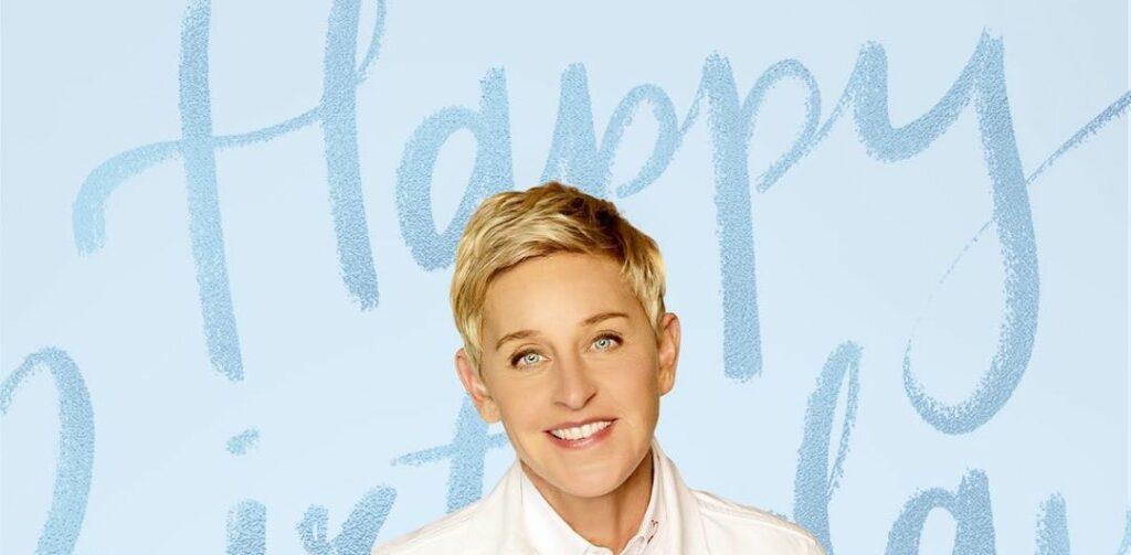 A photo showing Ellen DeGeneres in a white suit.