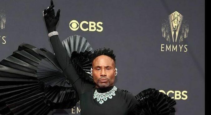 A photo showing Billy Portert in an elaborate black outfit at the Emmys