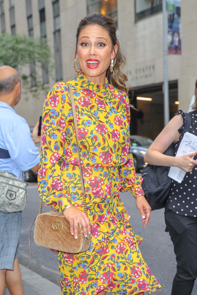Vanessa Lachey wears a yellow flowered dress as leaving the NBC Studios in NYC
