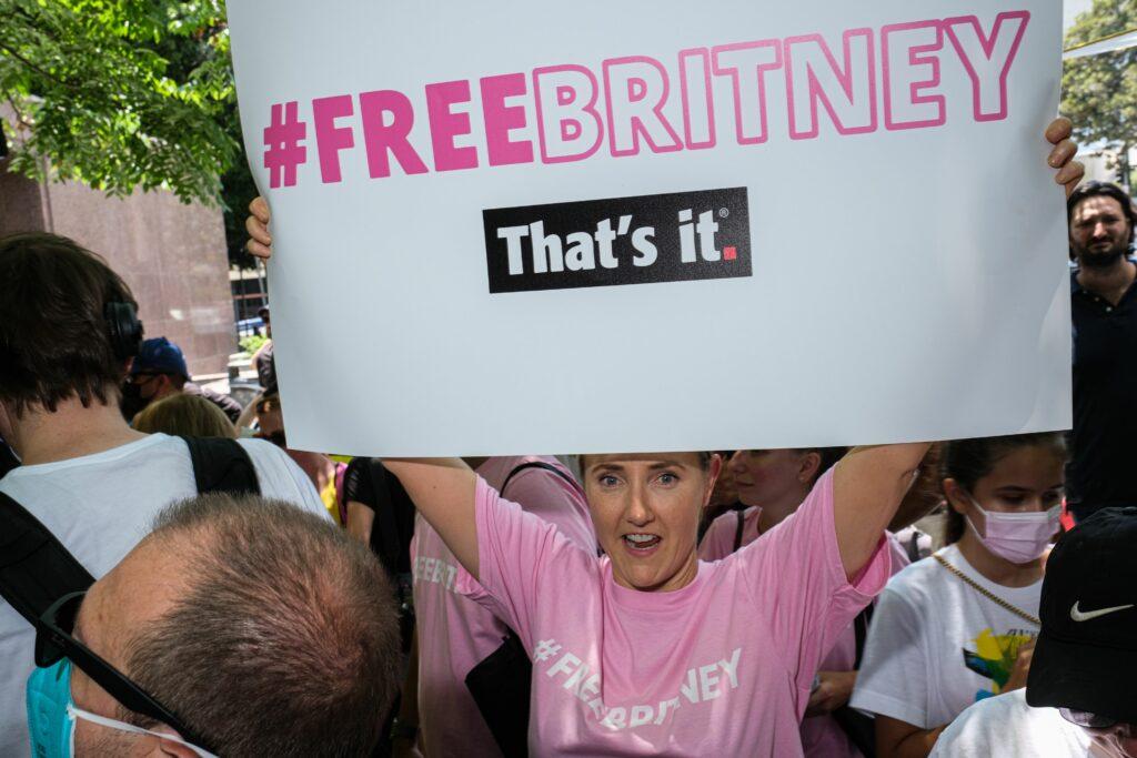 Free Britney protestors outside court in Downtown Los Angeles where Britney Spears conservatorship hearing is being held