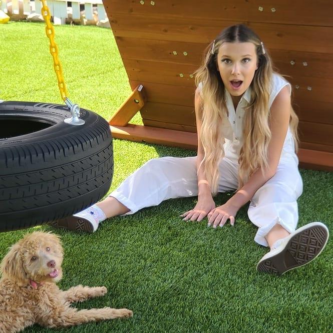 Millie Bobby Brown out on a field playing with her dog.