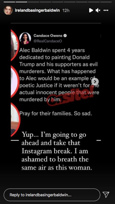 Alec Baldwin’s Daughter Ireland Hits Back At Candace Owens For 'Poetic Justice' Comment On Prop Mishap