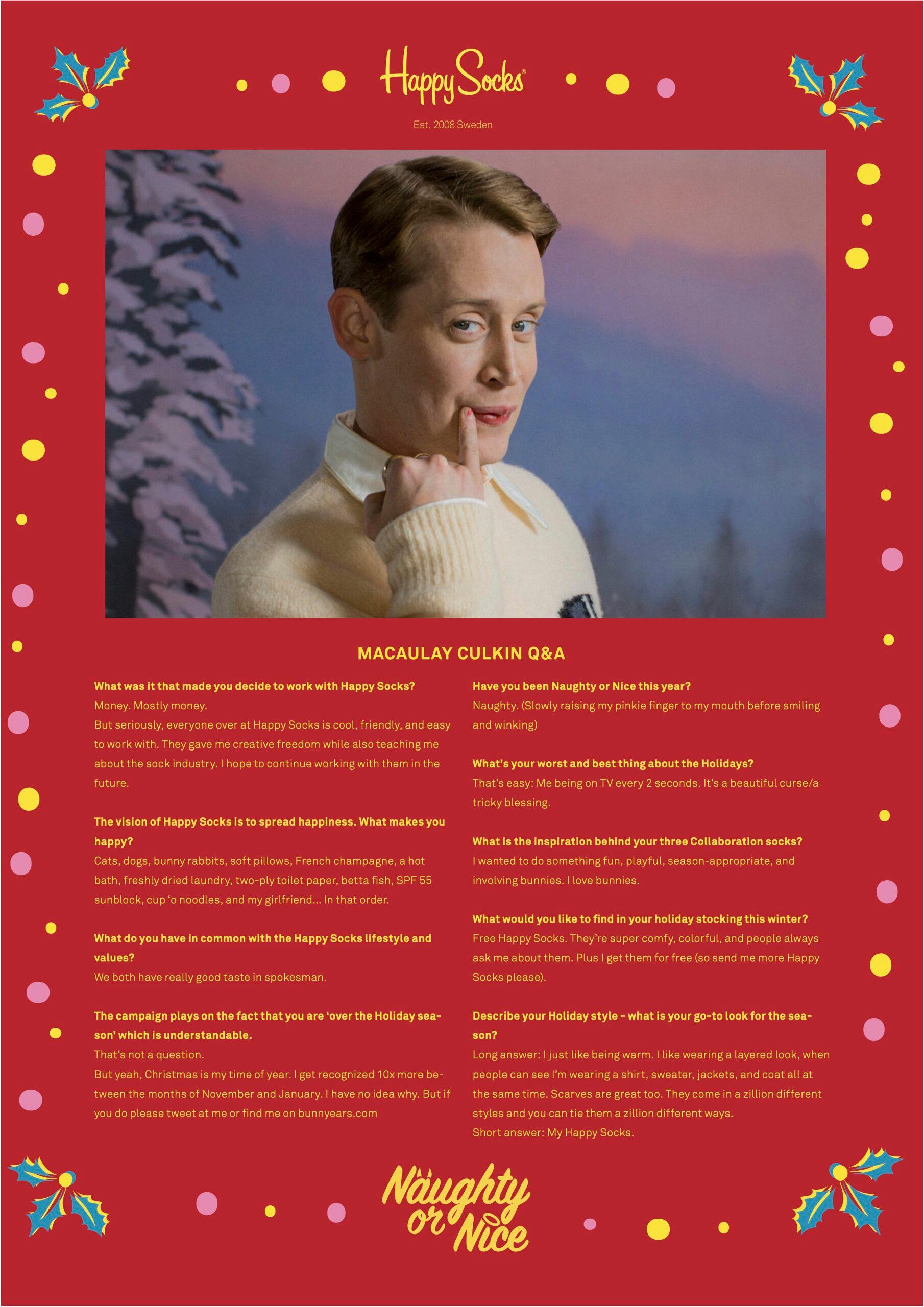 Macaulay Culkin poses with gnome in Happy Socks campaign