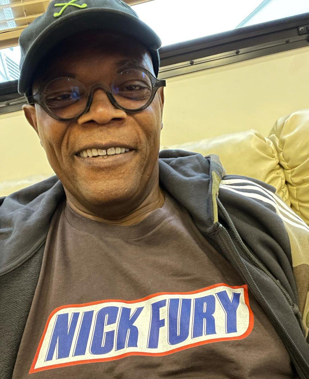 A selfie photo showing Samuel L Jackson in a 'Nick Furry' shirt.