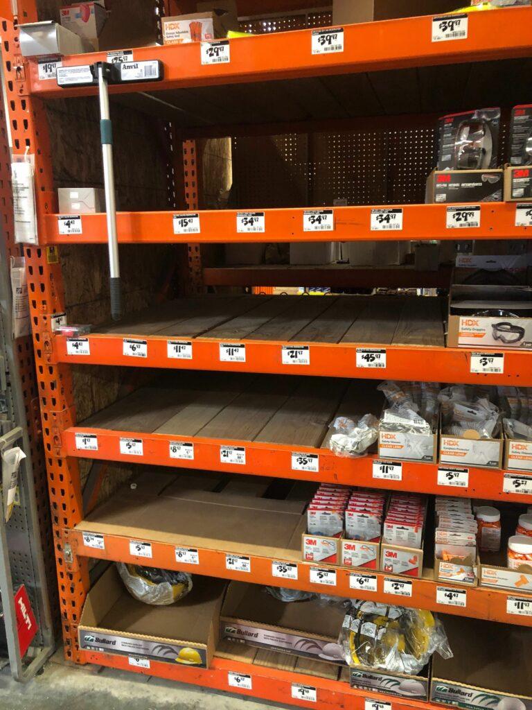 Home depot hardware store in Los Angeles sell out of all N95 surgery masks and respirators in the wake of the coronavirus cases increasing to 37,000 cases global. 09 Feb 2020 Pictured: Shelves at Home Depot. Photo credit: MEGA TheMegaAgency.com +1 888 505 6342 (Mega Agency TagID: MEGA605781_001.jpg) [Photo via Mega Agency]