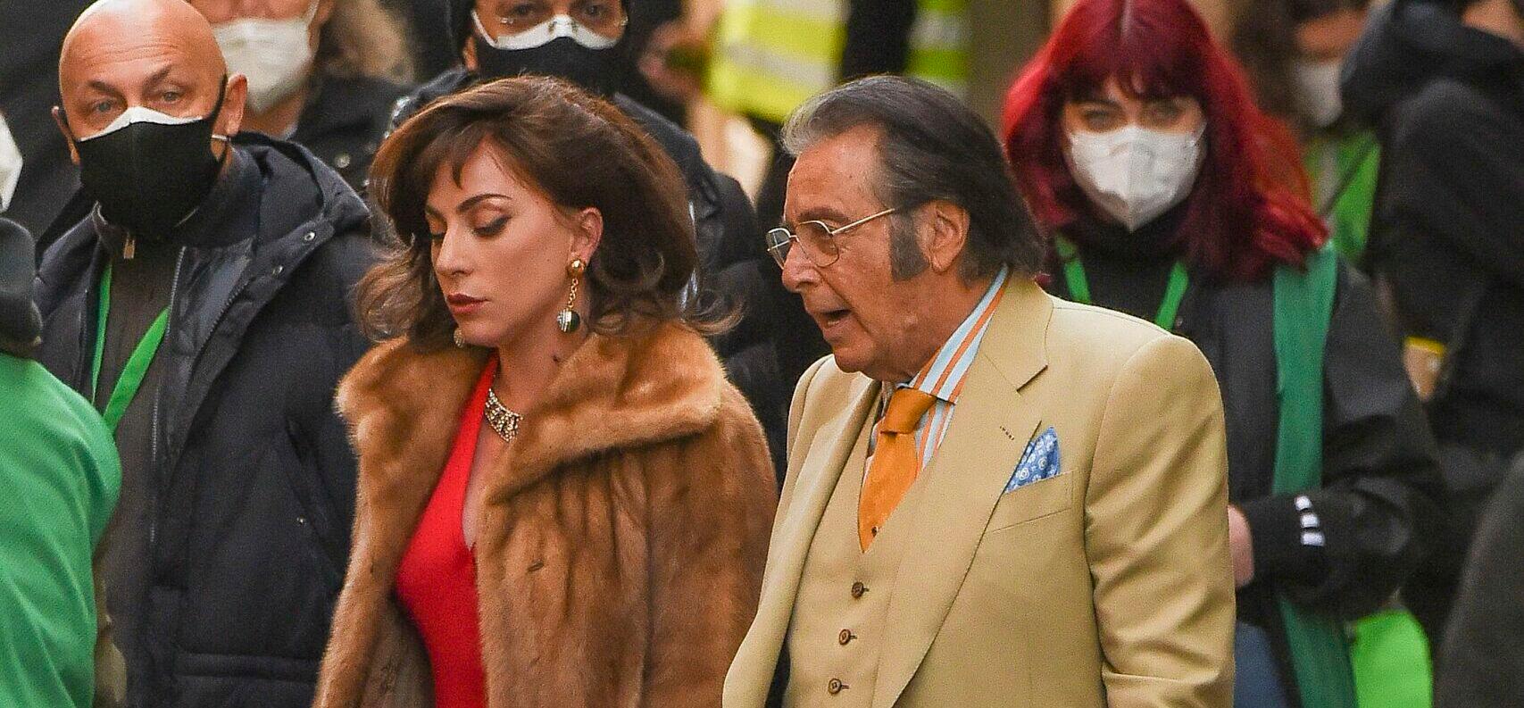 Lady Gaga wearing a fur and Al Pacino filming House of Gucci in Rome, Italy