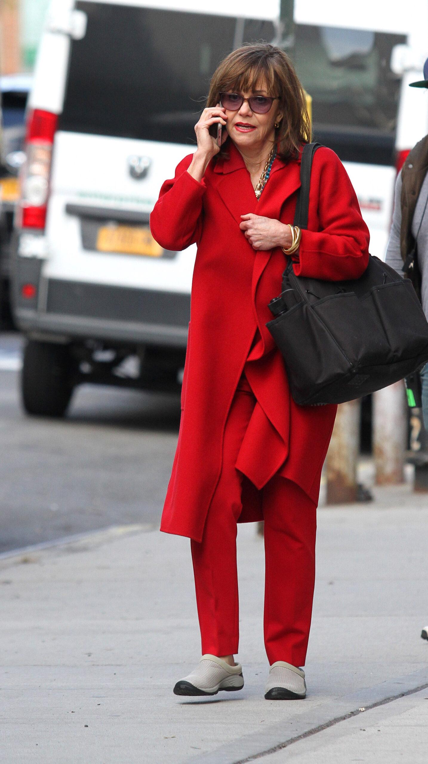 Sally Field all in red on the set of quot Maniac quot in NYC