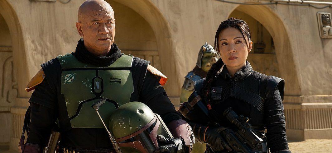 Temeura Morrison and Ming-Na Wen as Boba Fett and Fennec Shand in The Book of Boba Fett