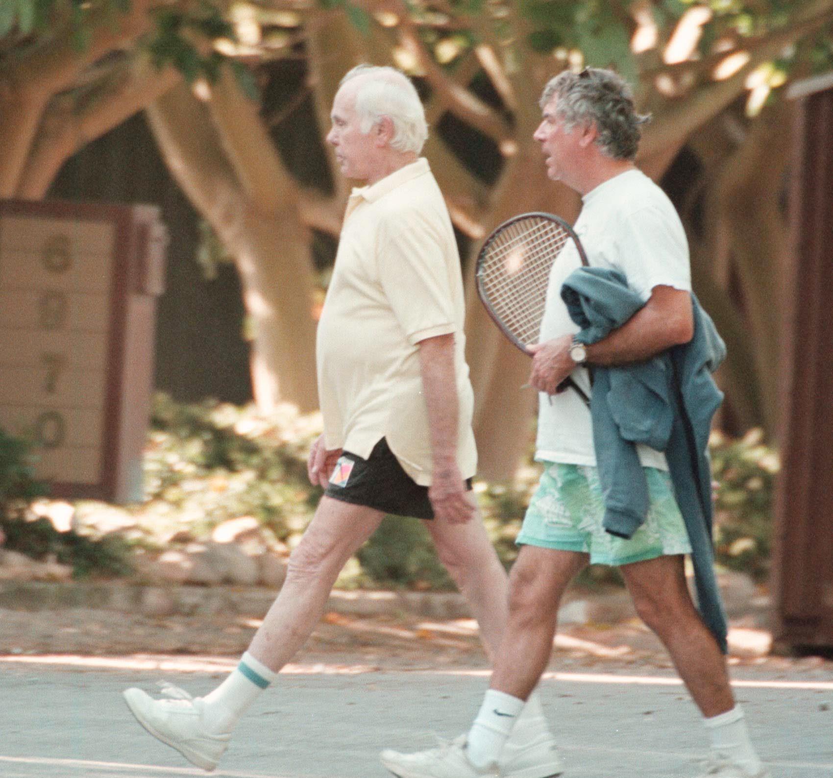 Johnny Carson In Malibu, With Unidentified Tennis Partner 
