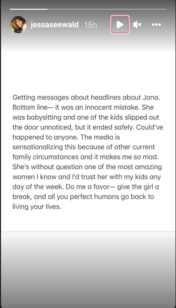 Jessa Duggars response to Jana's child endangerment 