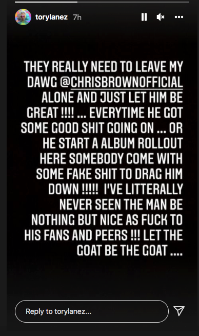 Tory Lanez's post on his Instagram story
