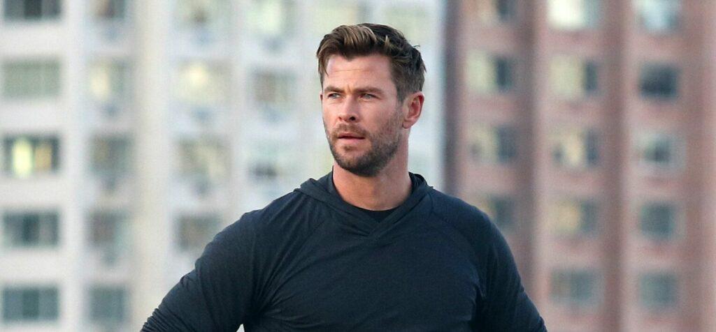 Chris Hemsworth jogs all over the city of Manhattan as filming wraps on Roosevelt Island for his HUGO BOSS commercial in NYC