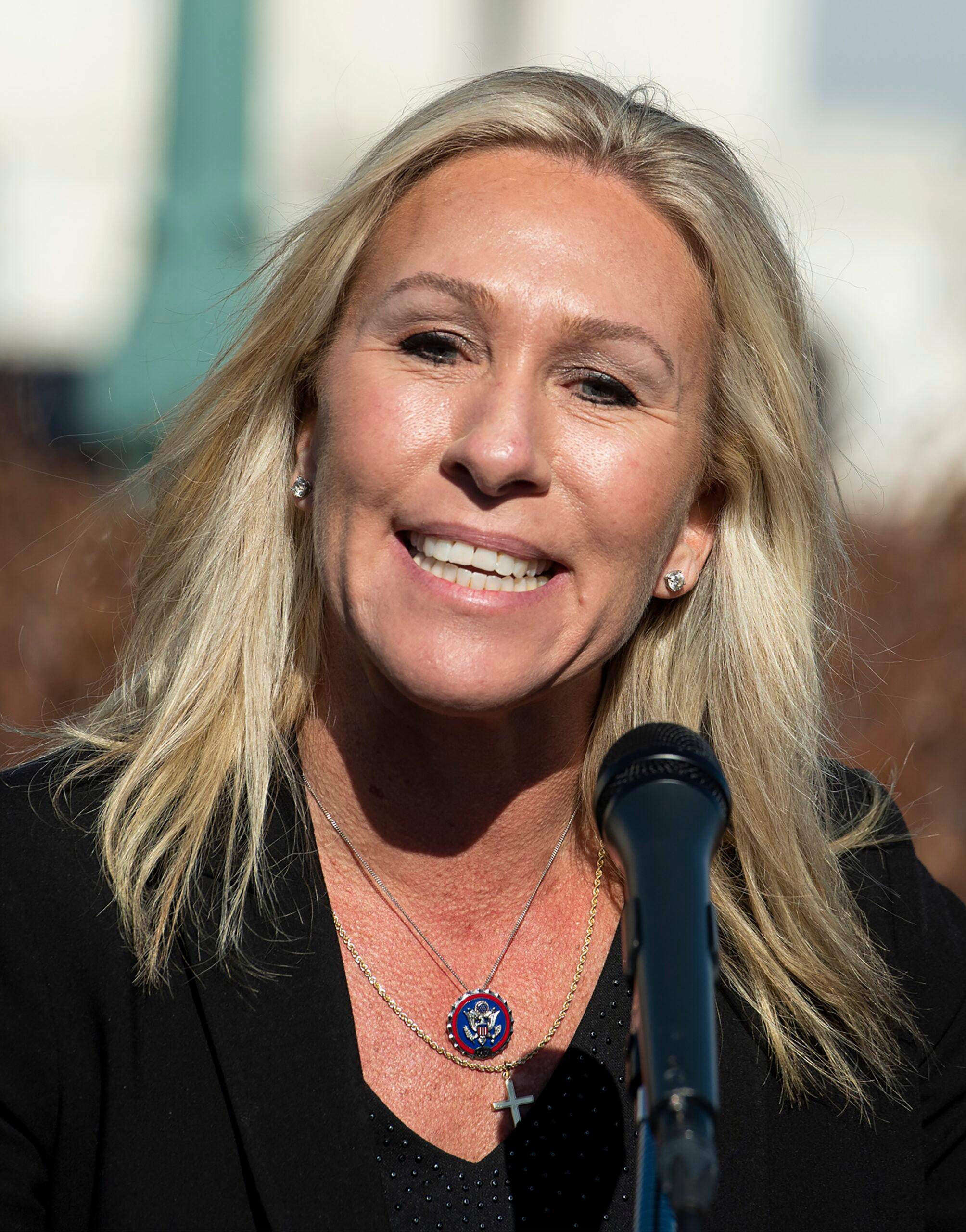 United States Representative Marjorie Taylor Greene Republican of Georgia holds a press conference regarding the recent House vote to remove her from two House committee assignments