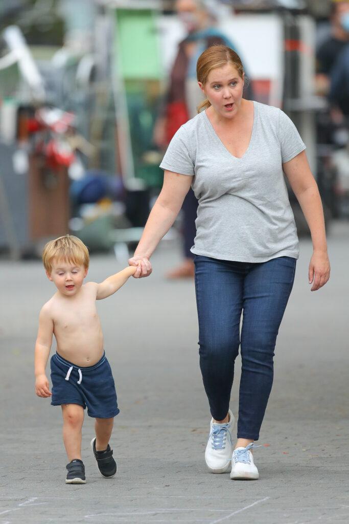Amy Schumer seen with her son Gene David Fischer while on break from filming apos Life amp Beth apos in New York City