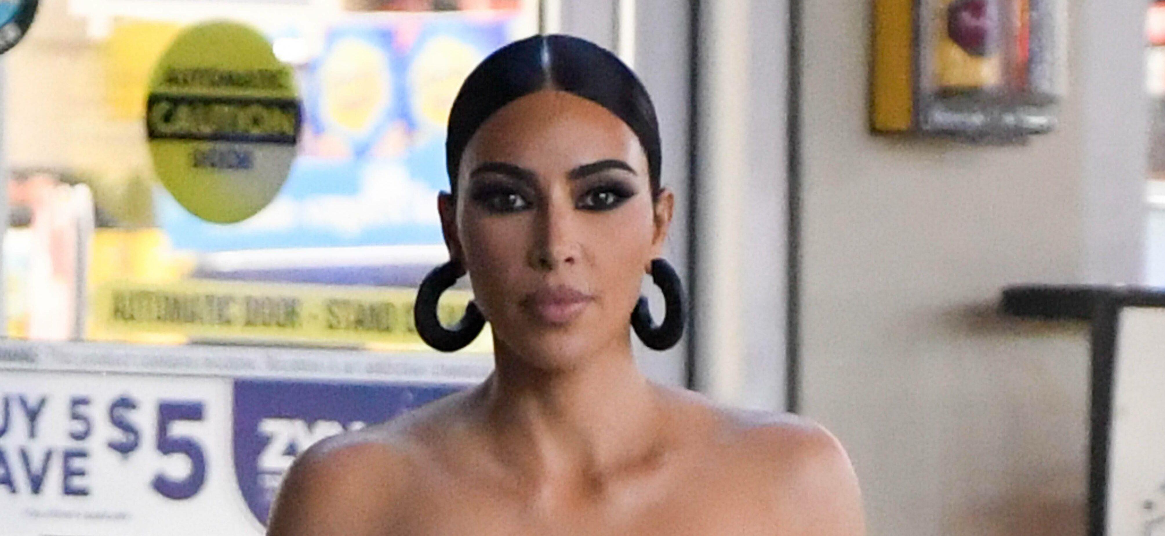 Kim Kardashian is seen at a convenience store after coming from Paris Hiltons wedding looking stunning in a Rick Owens dress with Balenciaga accessories