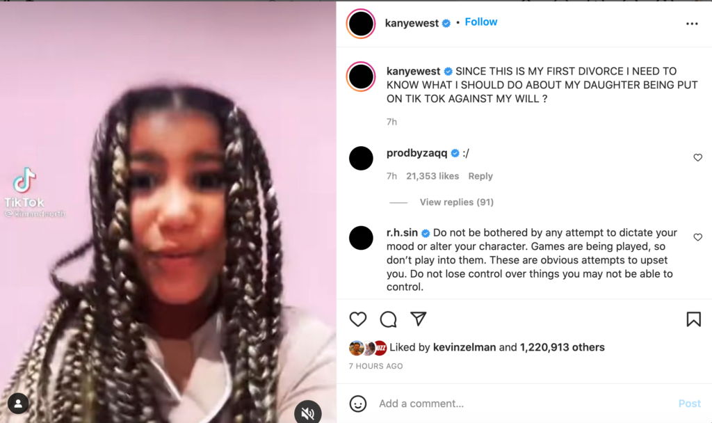 Kanye West posts about North on. TikTok
