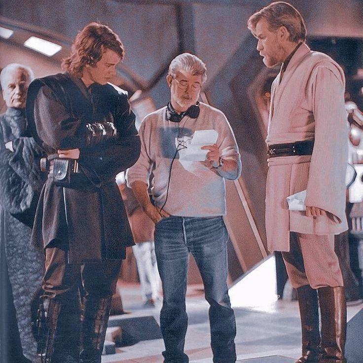 Ewan McGregor, George Lucas, and Hayden Christensen on the set of Star Wars