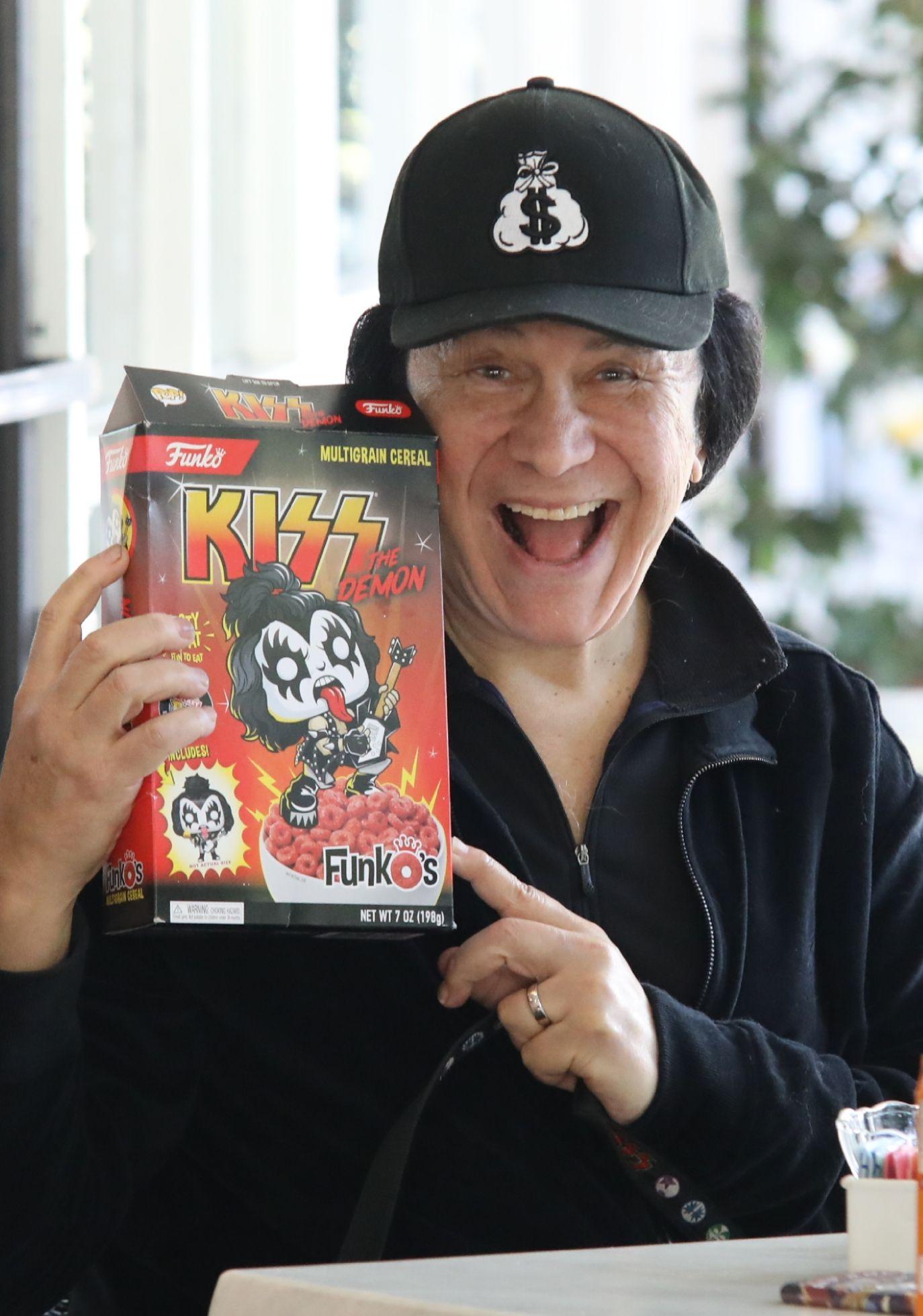 Gene Simmons poses up with KISS breakfast cereal