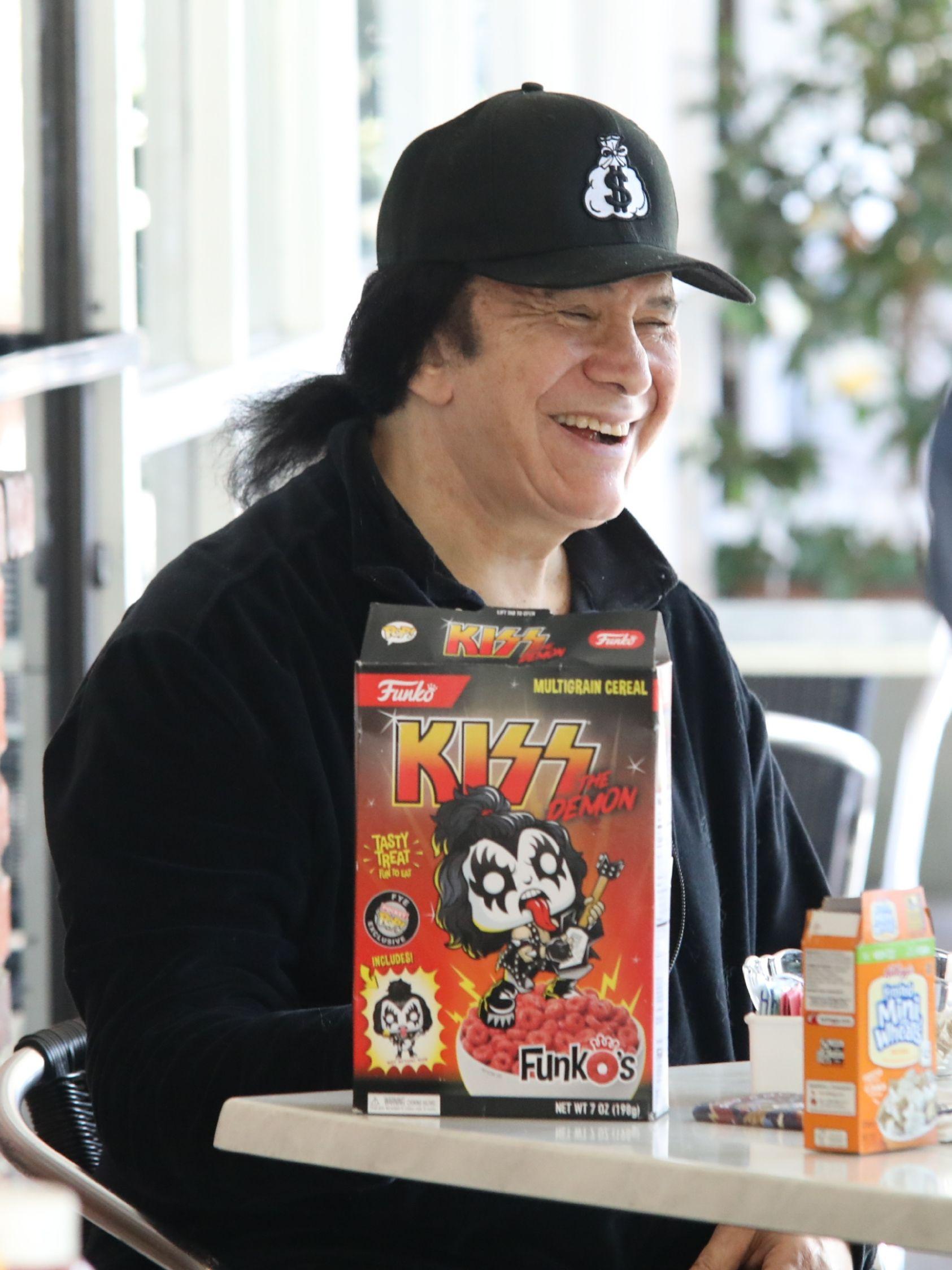 Gene Simmons poses up with KISS breakfast cereal
