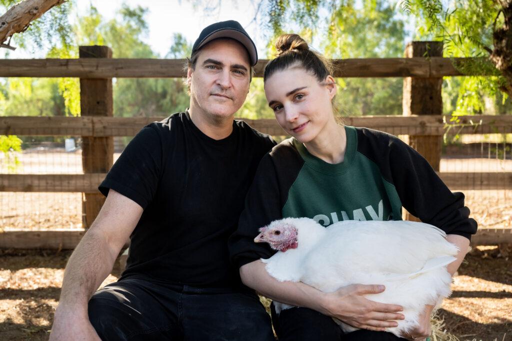 Joaquin Phoenix and Rooney Mara urge people to adopt - not eat - a turkey at Thanksgiving and Christmas
