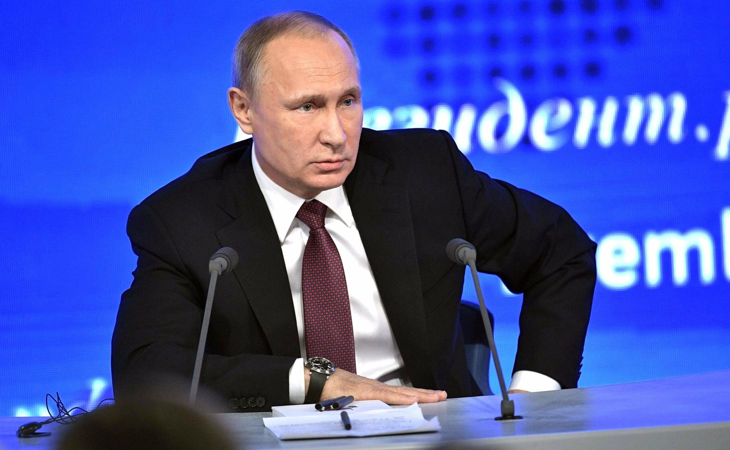 The Russian President Vladimir Putin attends the annual press conference in Moscow