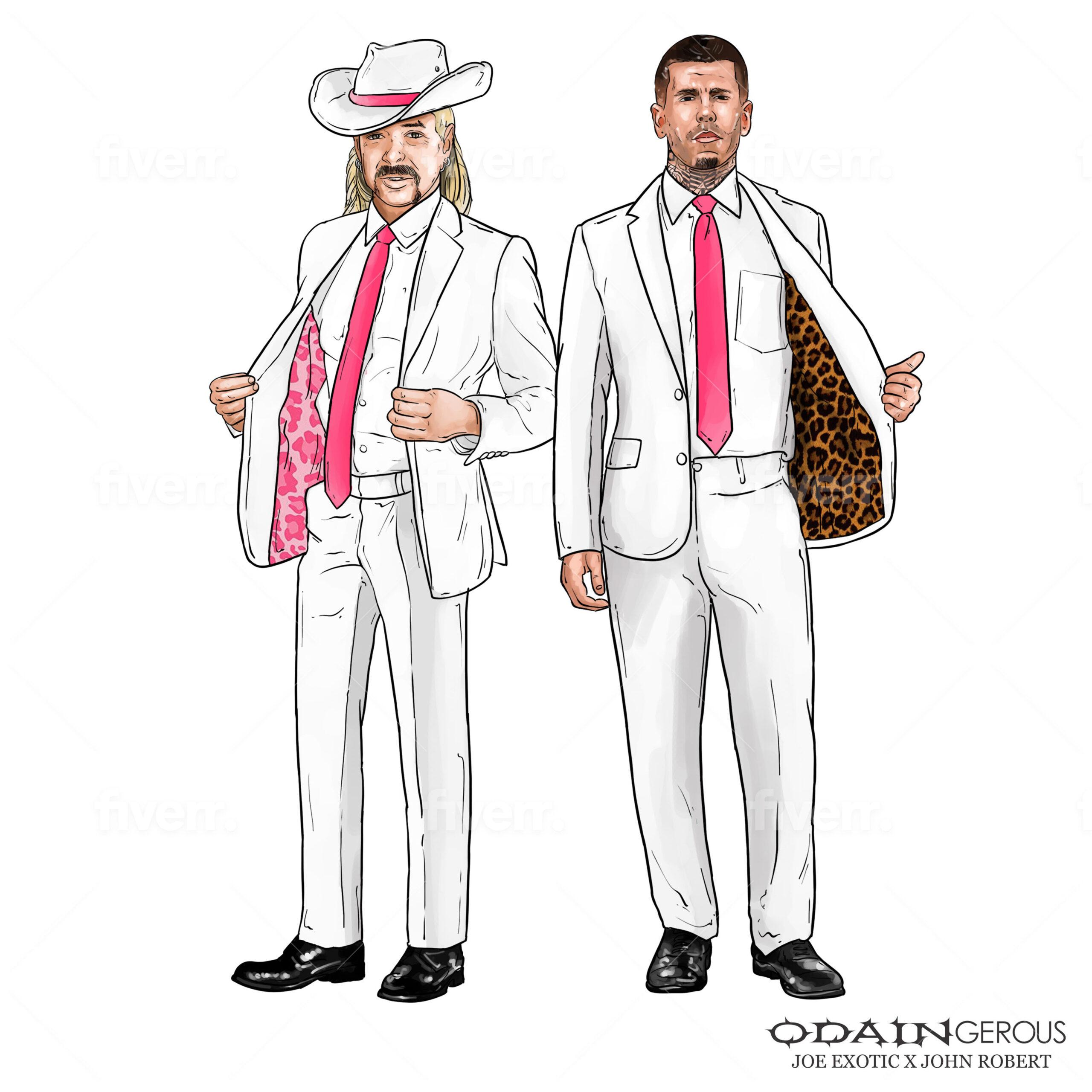 Tiger King’s Joe Exotic and fiance John Graham are planning to wear these $11,500 all-white tuxedos with custom silk tiger print lining at their wedding. The jailed star is set to marry Graham after they met in prison and fashion designer Odain Watson of Odaingerous has been asked to design outfits for the wedding. As first revealed by TMZ.com, Joe will get the pink silk tiger print lining and John the traditional tiger print style. Odain has previously worked with Joe on a collection of streetwear, custom shoes and a line of underwear. It will take around four to six weeks to make the tuxes. *BYLINE: Odaingerous Inc./TMZ/Mega. 29 Apr 2022 Pictured: Tiger King’s Joe Exotic and fiance John Graham are planning to wear these $11,500 all-white tuxedos with custom silk tiger print lining at their wedding.