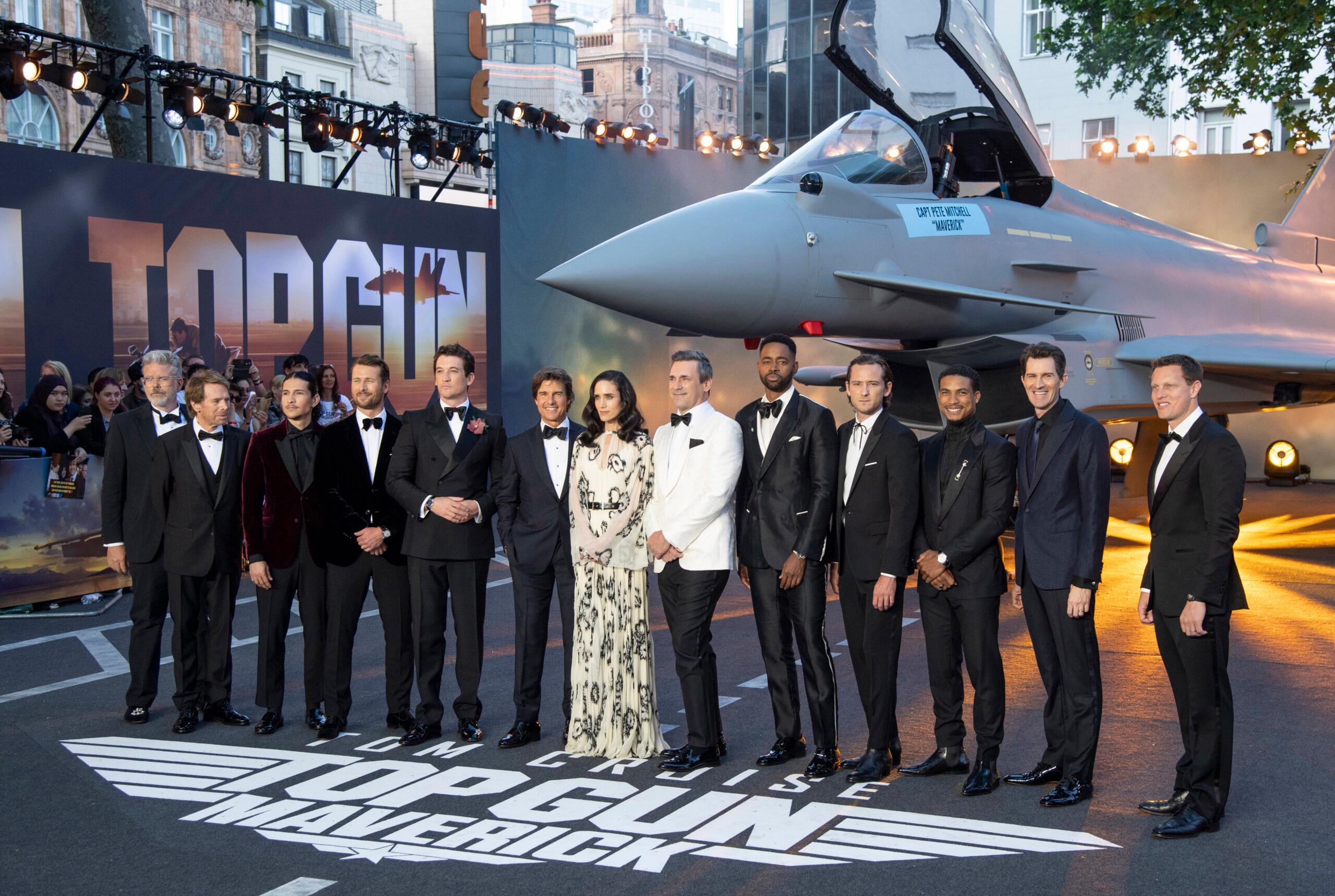 London, UK. Christopher McQuarrie, Jerry Bruckheimer, Danny Ramirez, Glen Powell, Miles Teller, Tom Cruise, Jennifer Connelly, Jon Hamm, Jay Ellis, Lewis Pullman, Greg Tarzan Davis, Joseph Kosinski and David Ellison at the Top Gun: Maverick Royal Film Performance at Leicester Square.