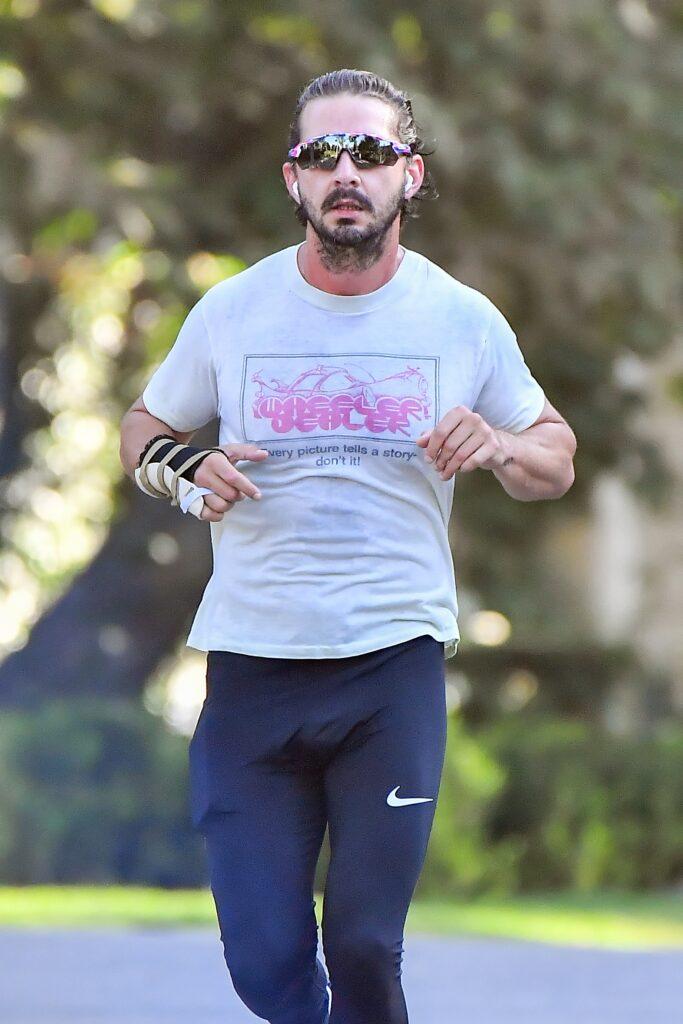 Shia LaBeouf heads out for an early morning run in his neighborhood as he continues to step out without his wedding ring