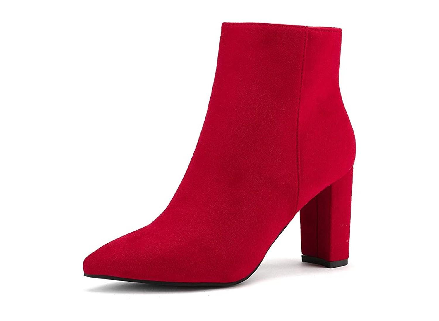 A red Dream Pairs high heel boot.