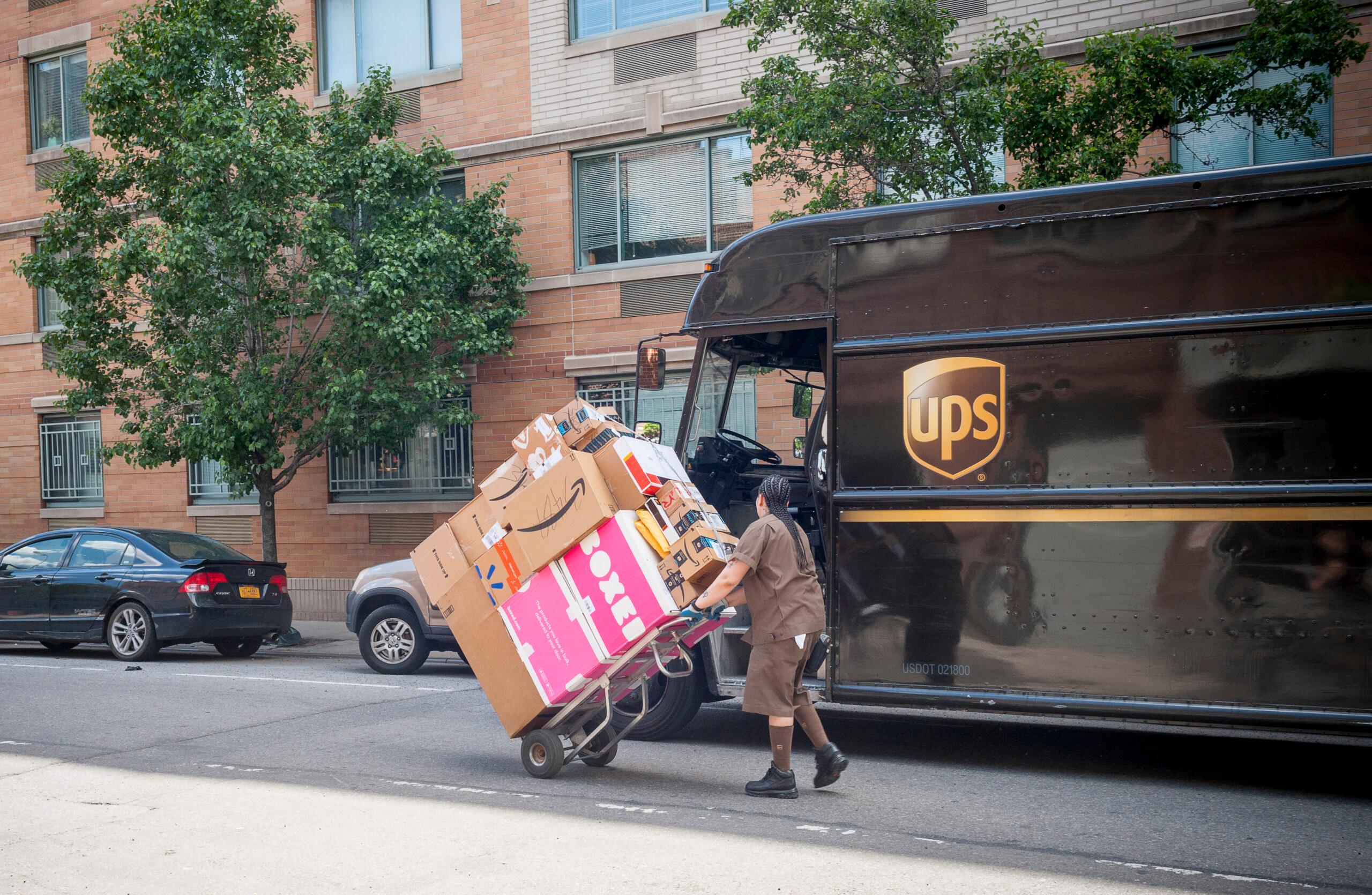 A UPS worker, her handcart laden with packages, goes on her appointed rounds in Greenwich Village in New York on Thursday, June 1, 2017. (© Richard B. Levine) Newscom/(Mega Agency TagID: lrphotos108655.jpg) [Photo via Mega Agency]