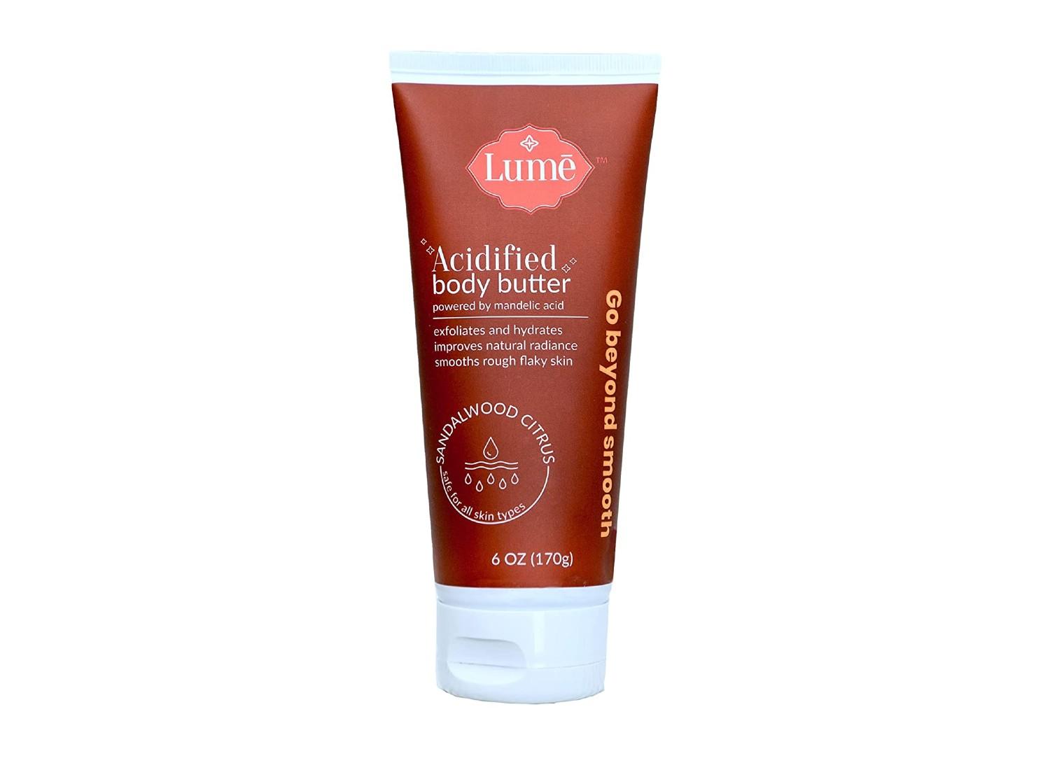 A bottle of Lume Acidified Body Butter on a white background.