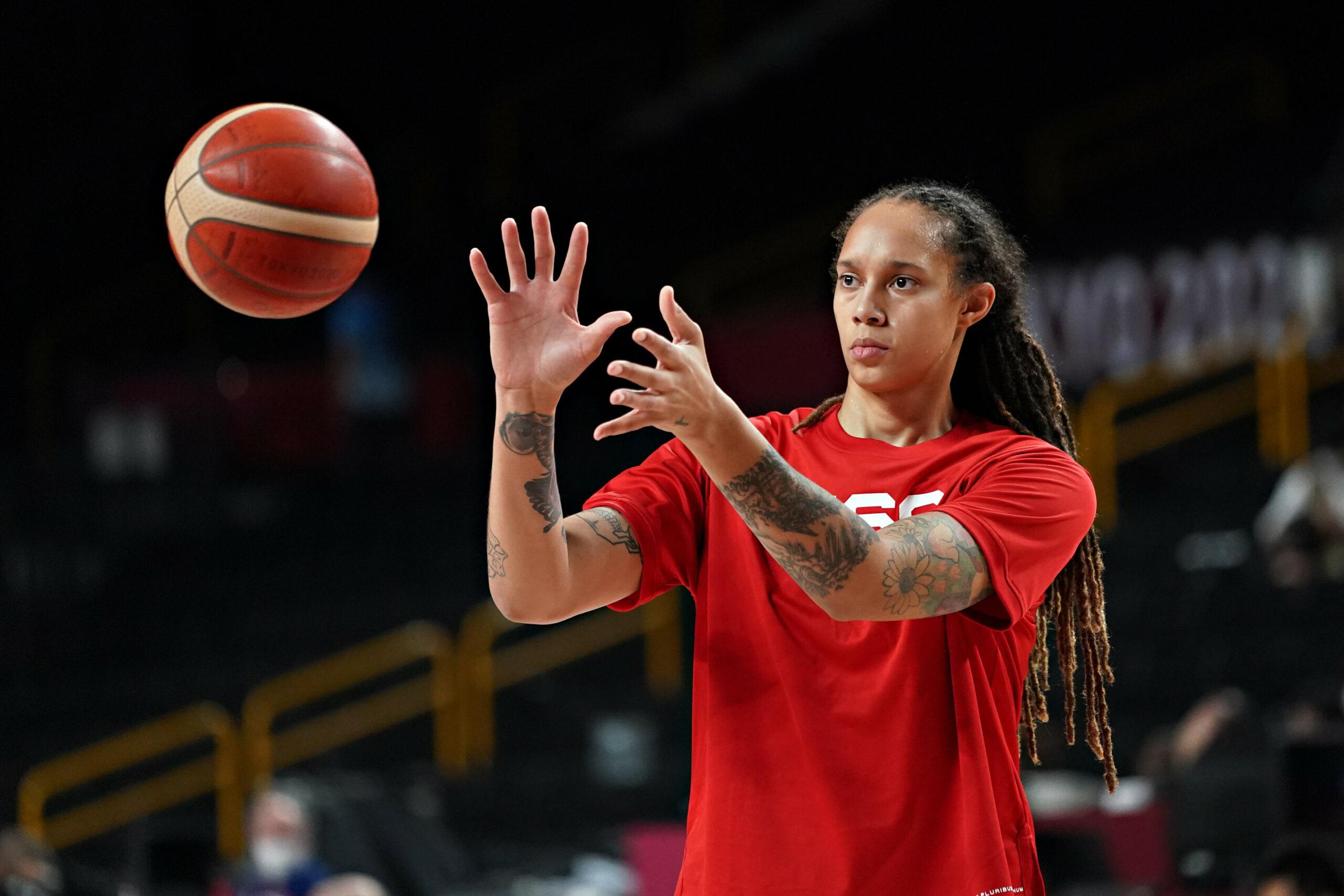 Brittney Griner, #15, warms up before the Women's Basketball finals at the Tokyo Olympic Games