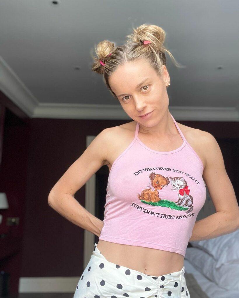 Brie Larson Lets Braless Chest Hang In Thin Pink Crop Top