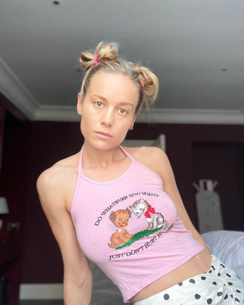 Brie Larson Lets Braless Chest Hang In Thin Pink Crop Top