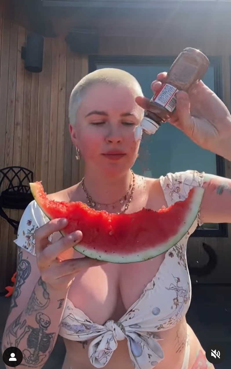 Ireland Baldwin eats watermelon