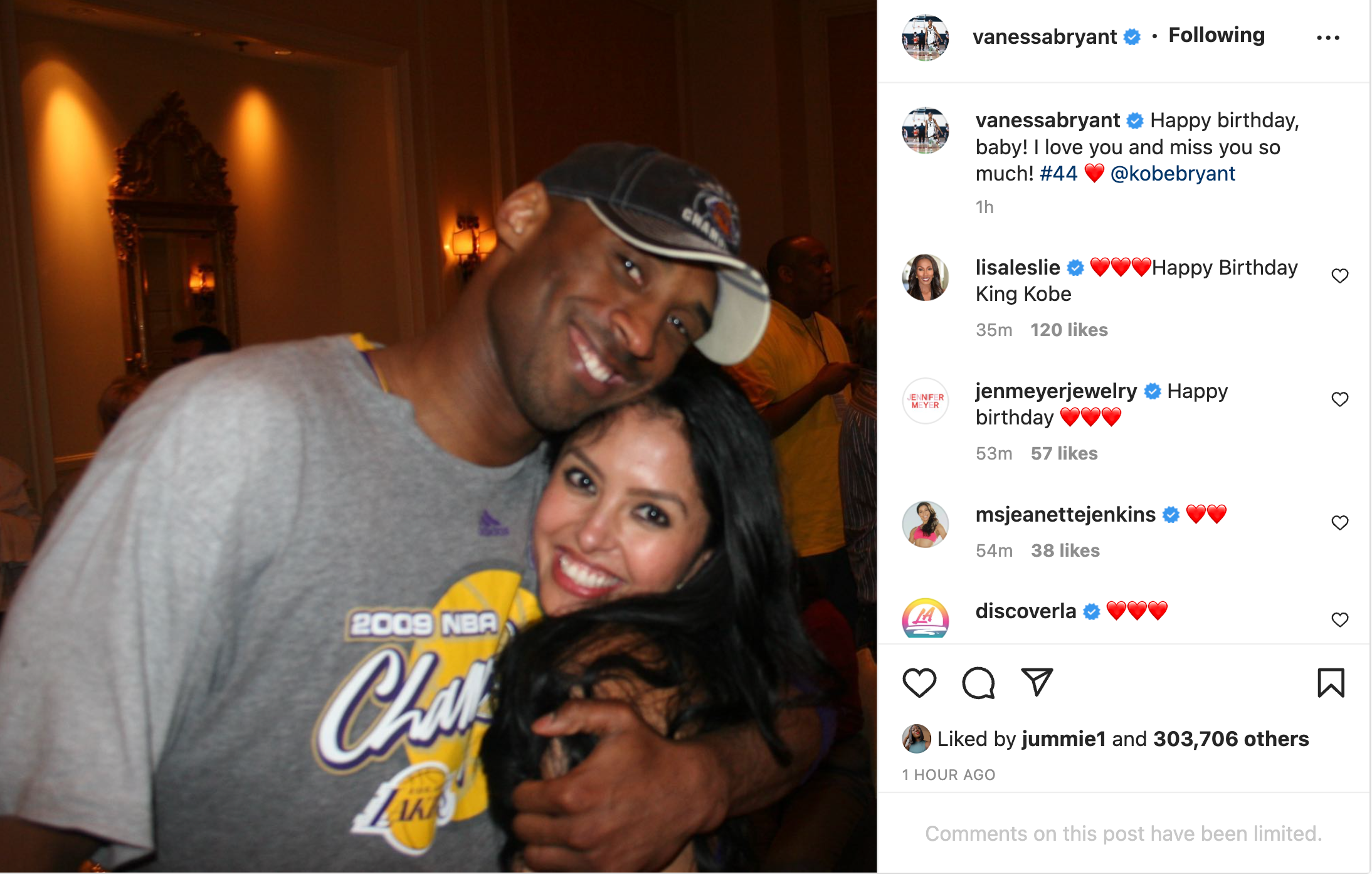 A screenshot of Vanessa Bryant's Instagram tribute to late husband Kobe Bryant