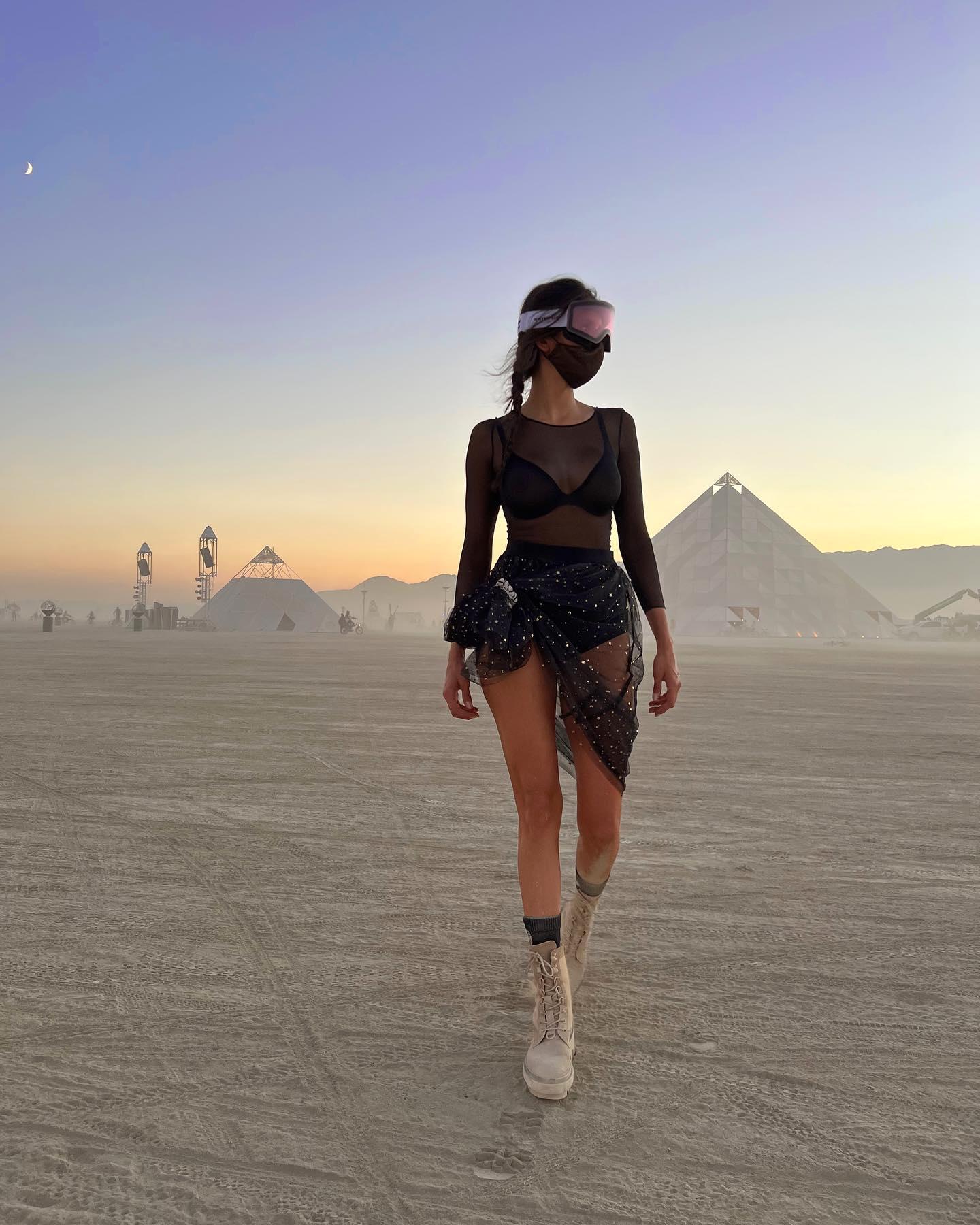 Nina Dobrev in black outfit at Burning Man 2022