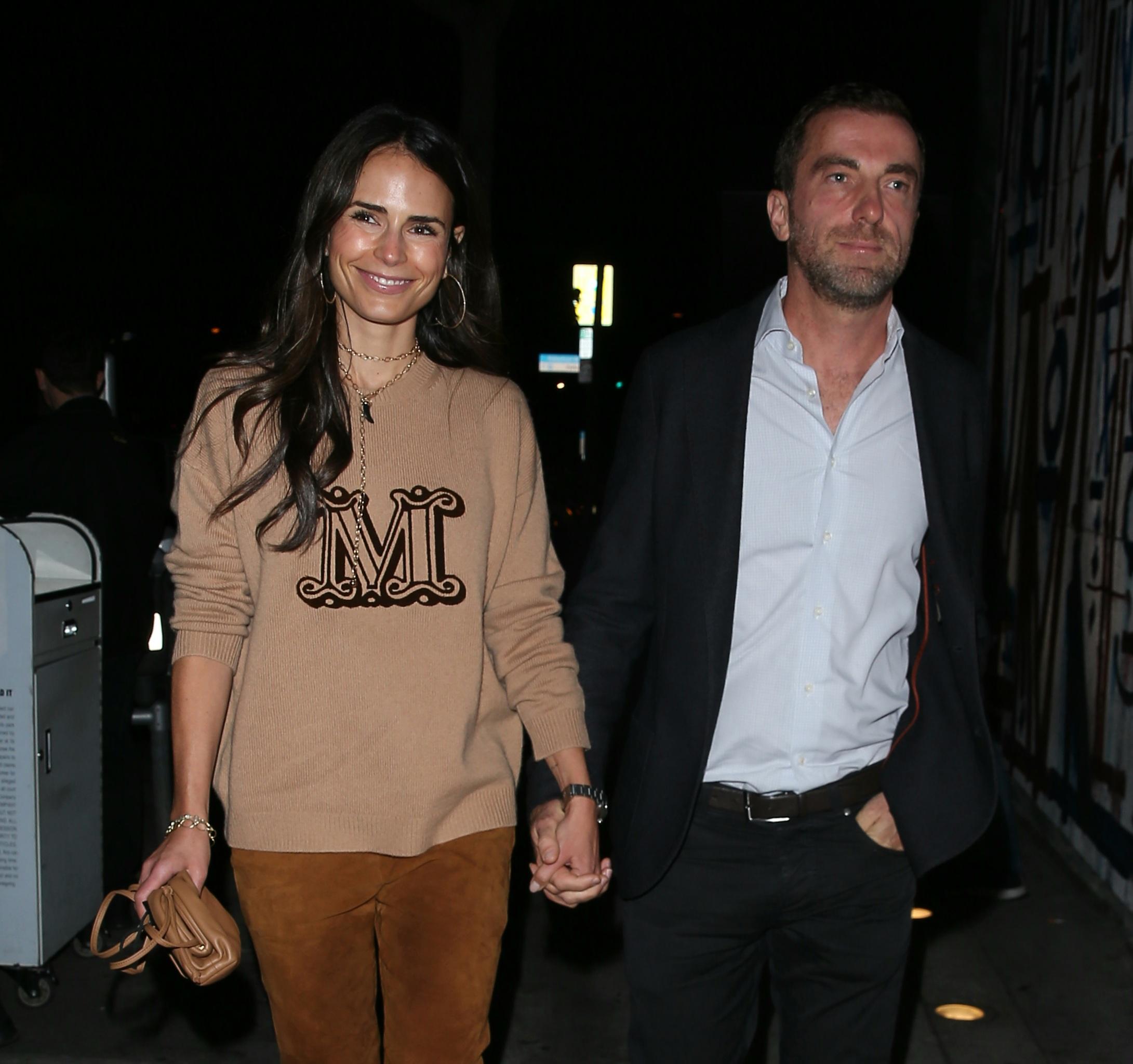 Jordana Brewster and her partner holding hands arriving for dinner at Craig apos s in West Hollywood