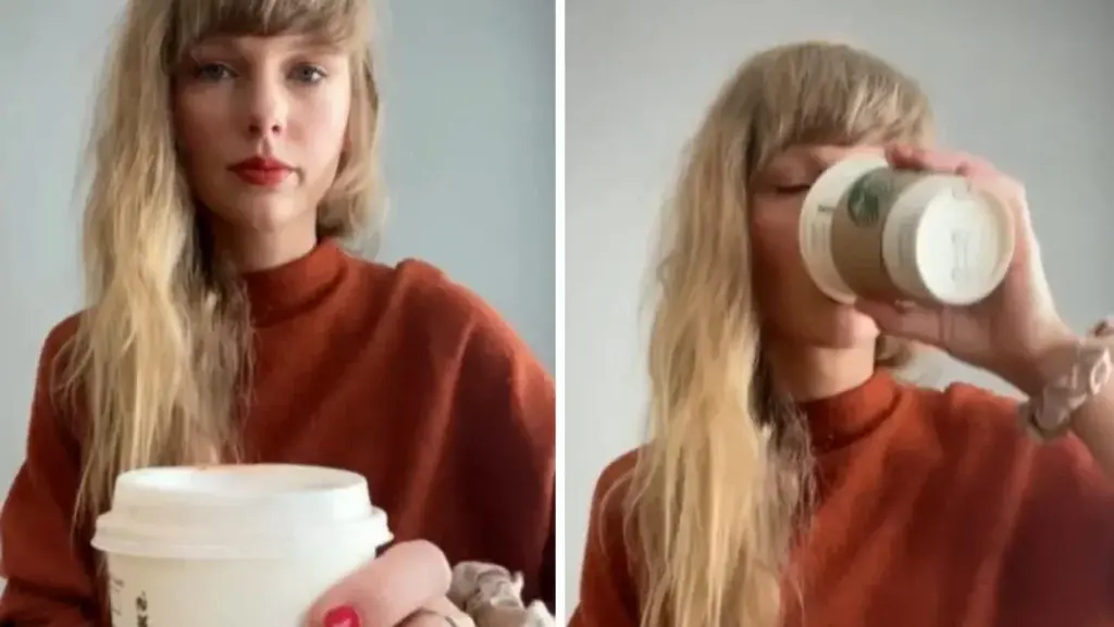 Taylor Swift drink a pumpkin spice latte fro starbucks and wearing a red sweater 
