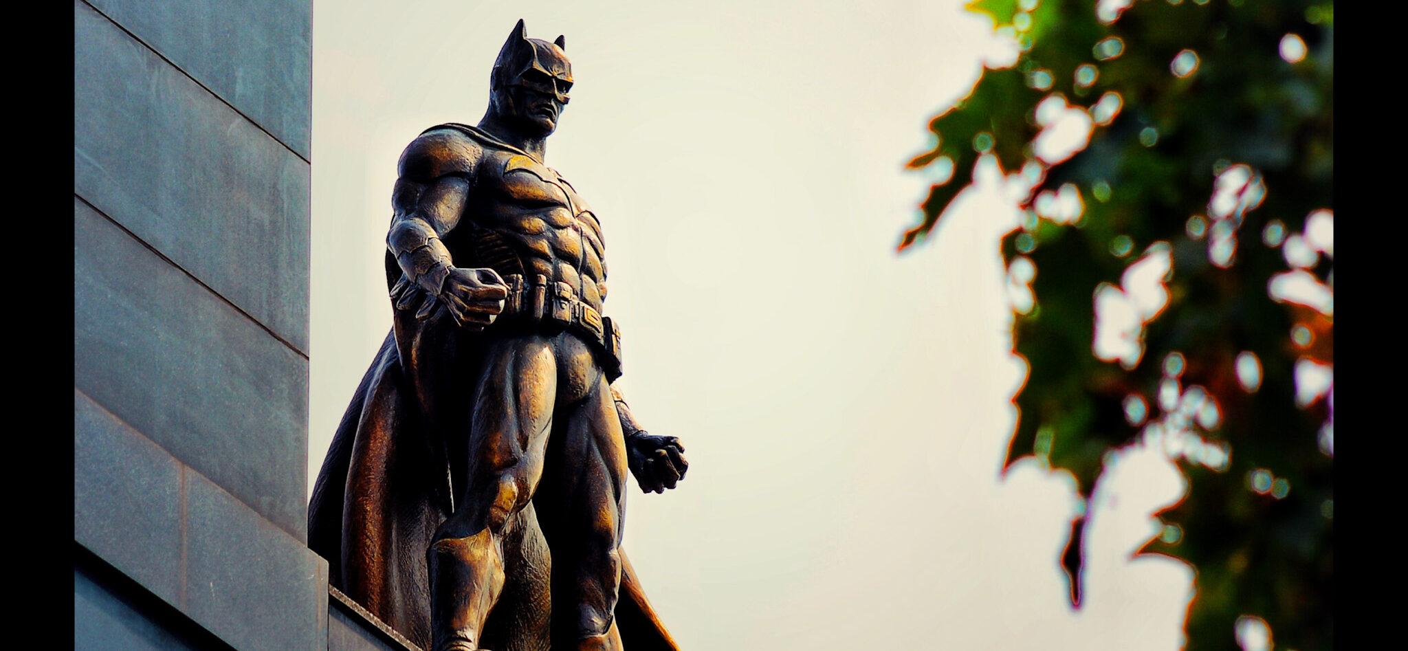 A new bronze statue of Batman The Dark Knight adorns the top of the Odeon Cinema in Leicester Square