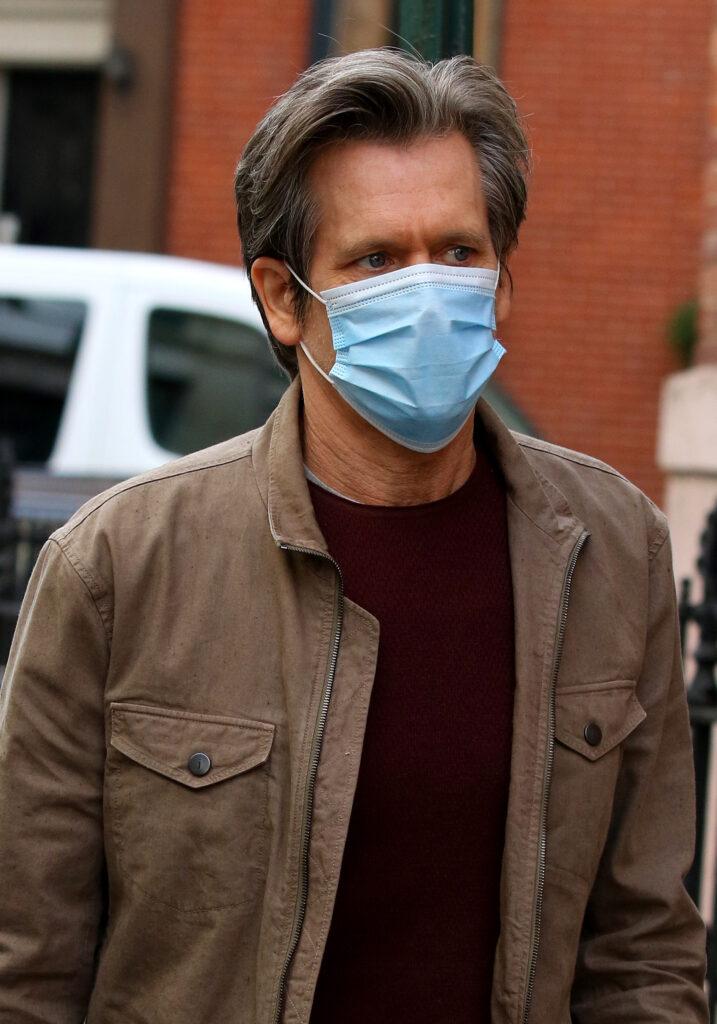 Kevin Bacon wears a mask while filming a commercial in NYC
