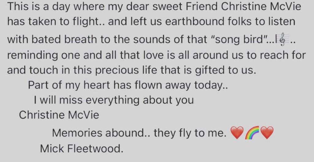 Mick Fleetwood's tribute to Christine McVie