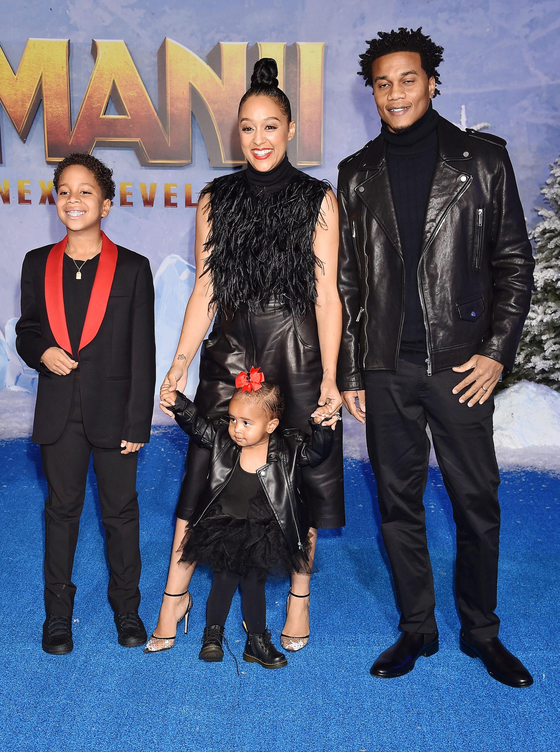 Tia Mowry and Cory Hardrict with their children at premiere of "Jumanji: The Next Level"