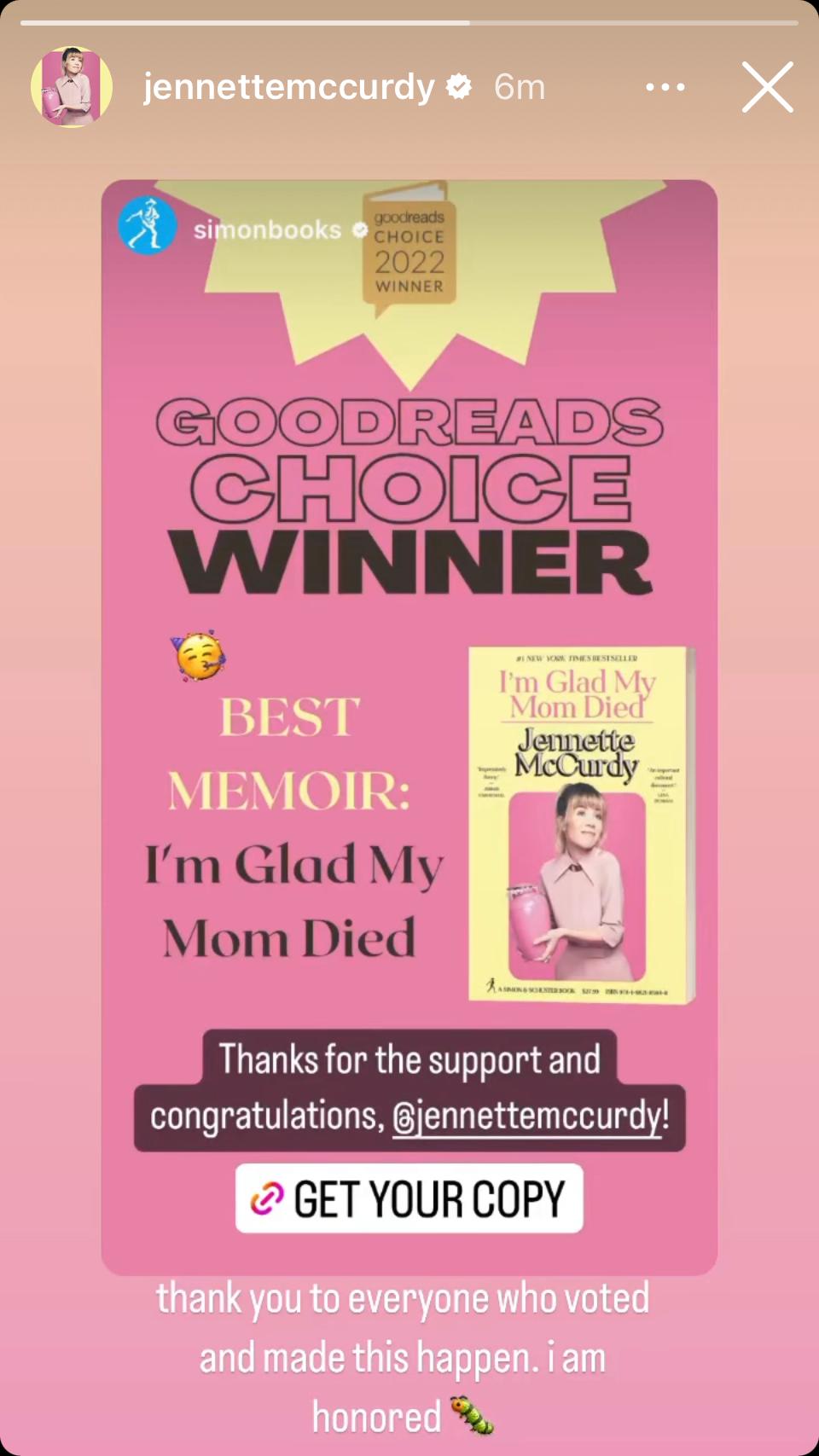 Jennette McCurdy wins Goodreads Choice Awards