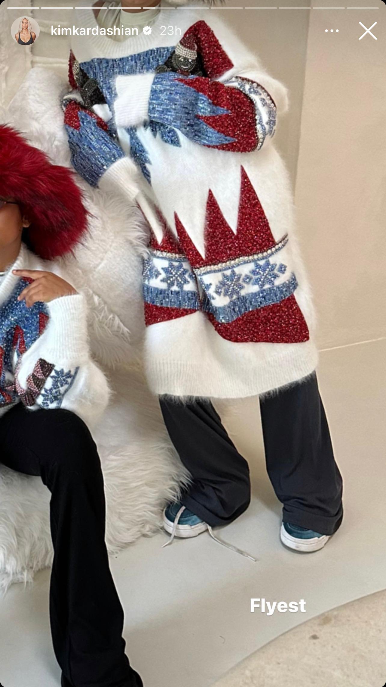 Kim Kardashian Goes All Out For Kids' Christmas Sweater Day With Blinged Outfits